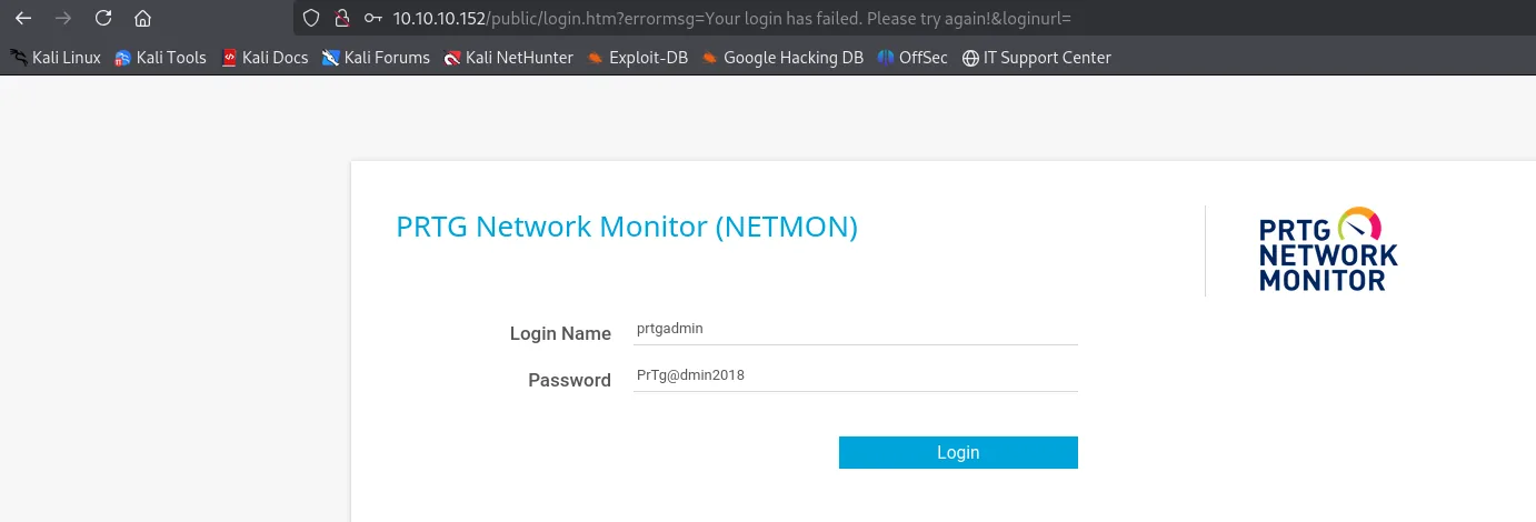 el login de PRTG con prtgadmin y PrTg@dmin2018 escritos, y la URL con errormsg=Your login has failed