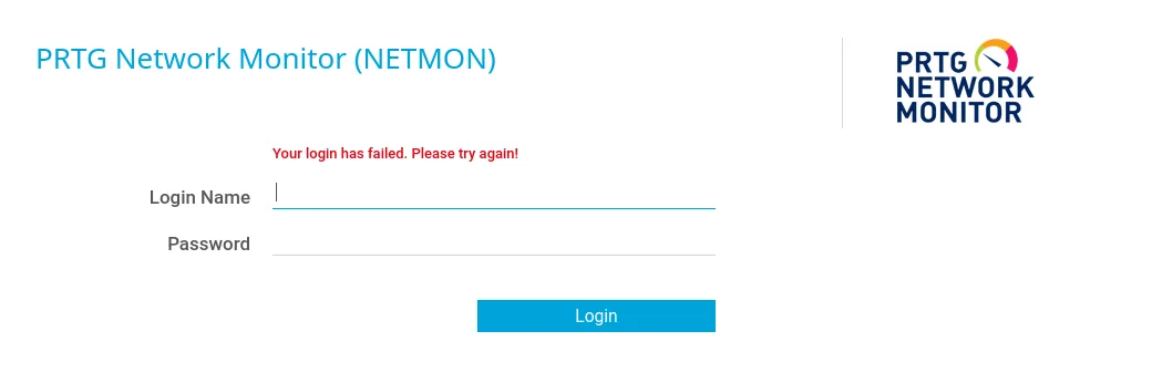 login de PRTG con PrTg@dmin2018 rechazado: "Your login has failed. Please try again!"