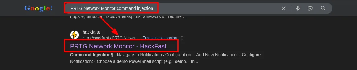 búsqueda "PRTG Network Monitor command injection" con el resultado de hackfa.st