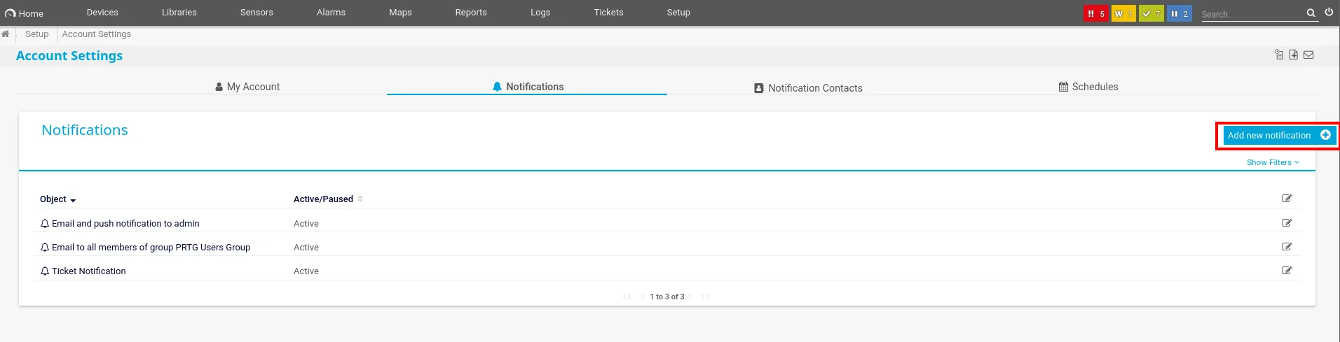 sección Notifications con el botón "Add new notification" resaltado