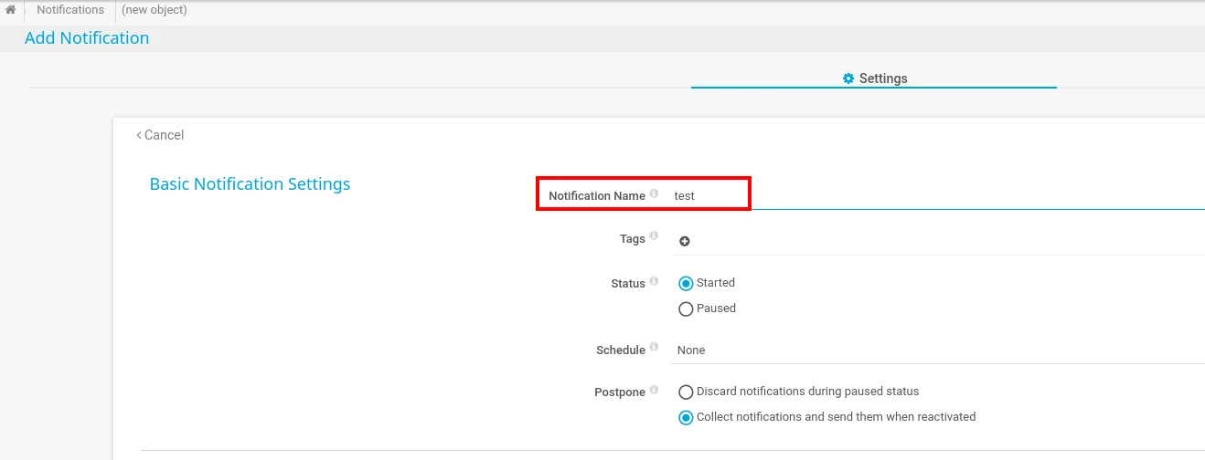 formulario Add Notification con Notification Name "test"