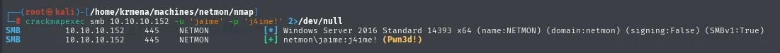 cme smb con jaime:j4ime! → Pwn3d!