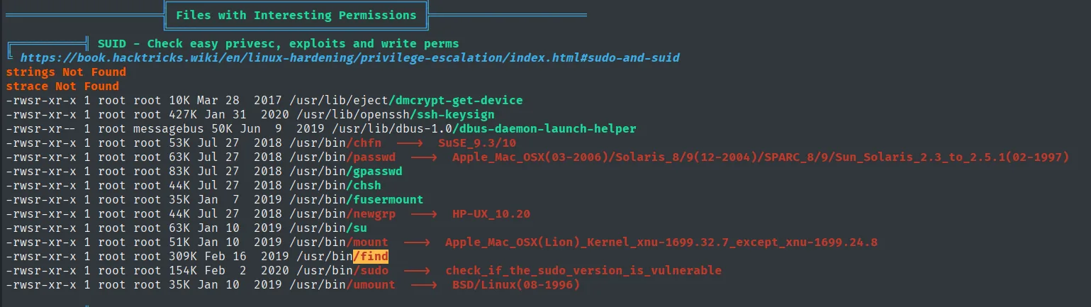 linpeas marca /usr/bin/find con permisos -rwsr-xr-x propiedad de root en la seccion de binarios SUID