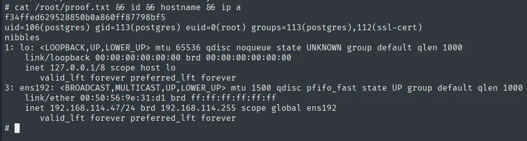 proof.txt leido con euid root, junto a id y hostname nibbles