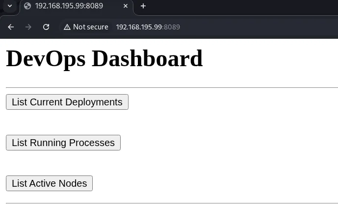 DevOps Dashboard en el puerto 8089 con tres botones