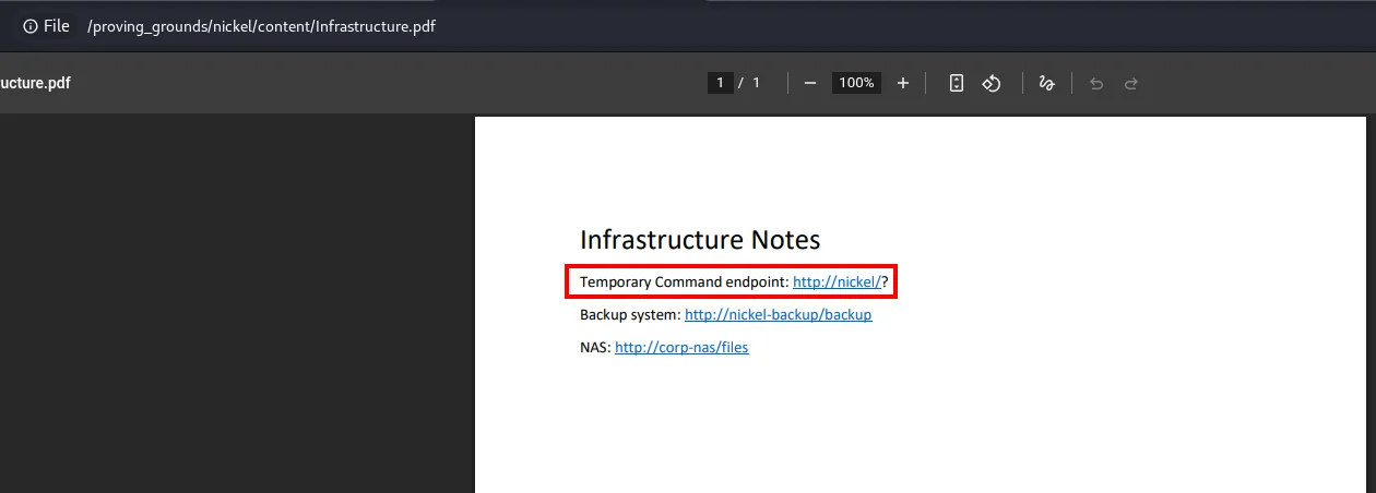 El PDF revela un Temporary Command endpoint: http://nickel/?