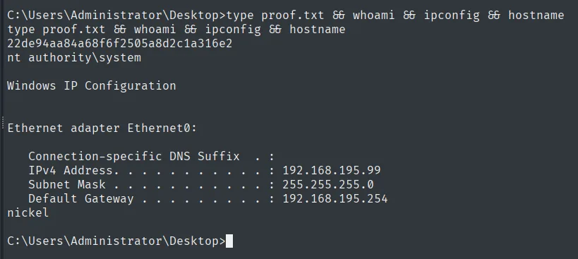 proof.txt leída como nt authority\system en nickel