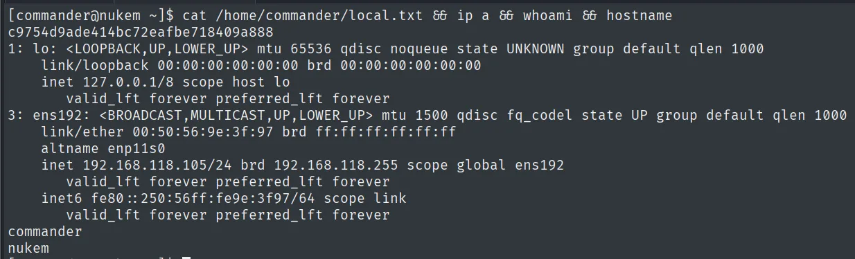 local.txt leido como commander en nukem, con la IP 192.168.118.105 y hostname nukem