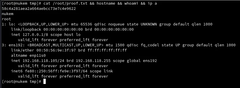 proof.txt leido como root en nukem, con hostname nukem y whoami root