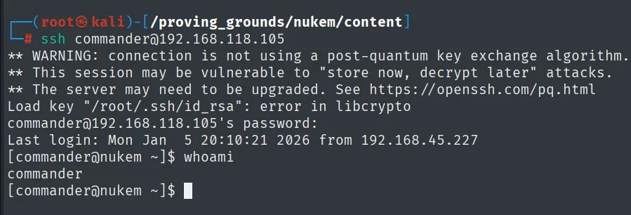 Login SSH como commander en nukem usando la contraseña de wp-config.php; whoami devuelve commander