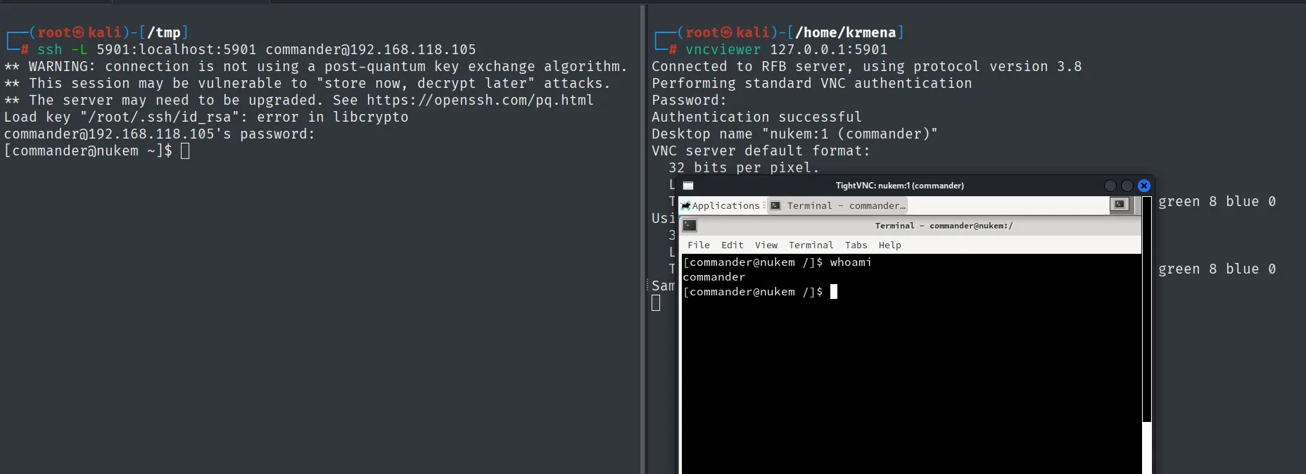 Cliente vncviewer conectado a 127.0.0.1:5901; autenticacion correcta y escritorio nukem:1 (commander) con una terminal