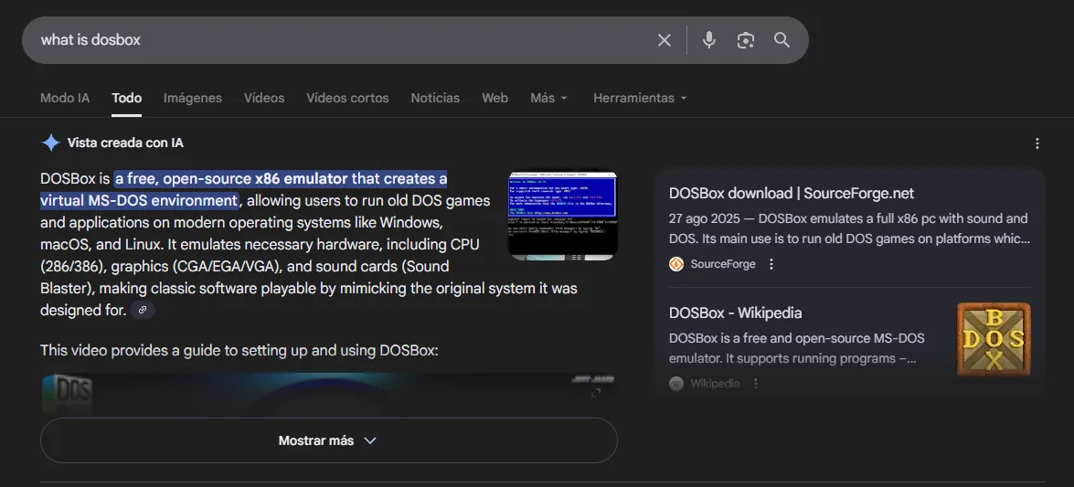 Búsqueda what is dosbox: un emulador x86 libre y de código abierto que crea un entorno virtual de MS-DOS