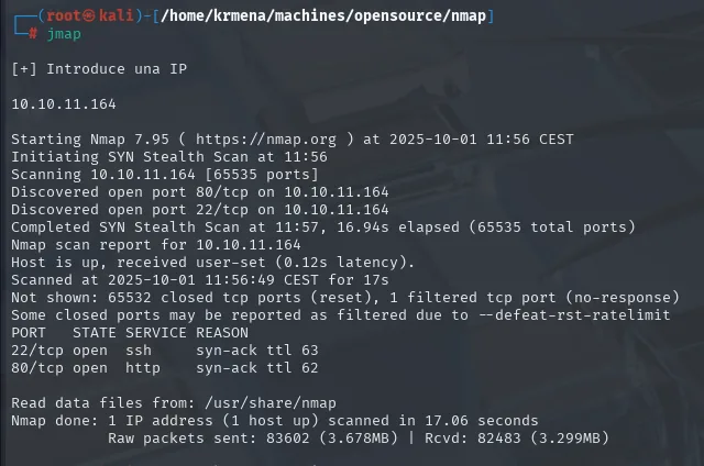 el escaneo SYN completo descubre solo 22/ssh y 80/http, ambos con syn-ack ttl 63