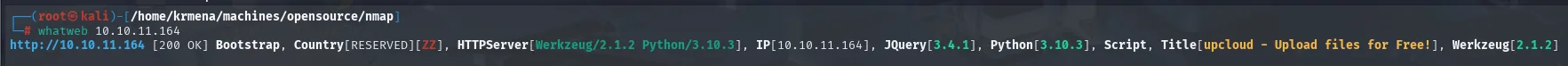 whatweb sobre 10.10.11.164: HTTPServer Werkzeug/2.1.2 Python/3.10.3, Bootstrap, JQuery 3.4.1 y el título upcloud - Upload files for Free!