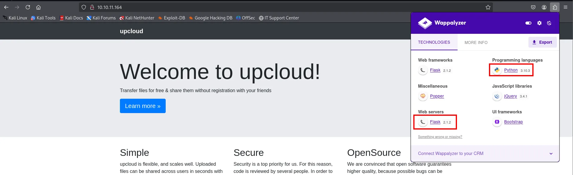 Wappalyzer sobre 10.10.11.164: Flask 2.1.2 aparece a la vez en Web frameworks y en Web servers, con Python 3.10.3, jQuery 3.4.1 y Bootstrap