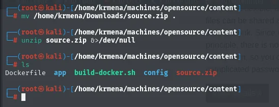 unzip de source.zip: Dockerfile, app, build-docker.sh, config y el propio source.zip