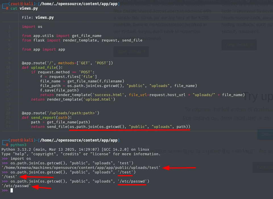 views.py construye file_path con os.path.join y, en el intérprete, un componente que empieza por / descarta todo lo anterior