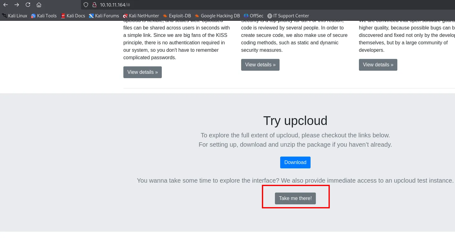 Sección Try upcloud de la portada con el botón Take me there! resaltado junto al de Download