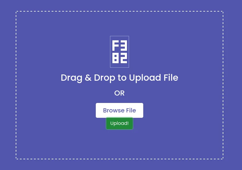 La instancia de pruebas de upcloud: un área de Drag & Drop to Upload File con los botones Browse File y Upload!