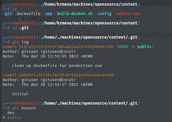 ls -a revela el directorio .git; git log muestra dos commits en public y git branch lista las ramas dev y public