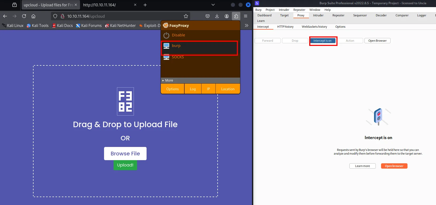 El formulario Drag & Drop de /upcloud con FoxyProxy conmutado al perfil burp y Burp con Intercept is on