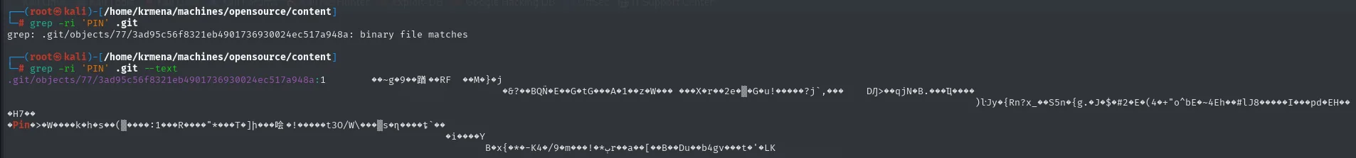 grep -ri PIN sobre .git: la única coincidencia es un objeto binario, y al forzar --text solo se ven bytes ilegibles