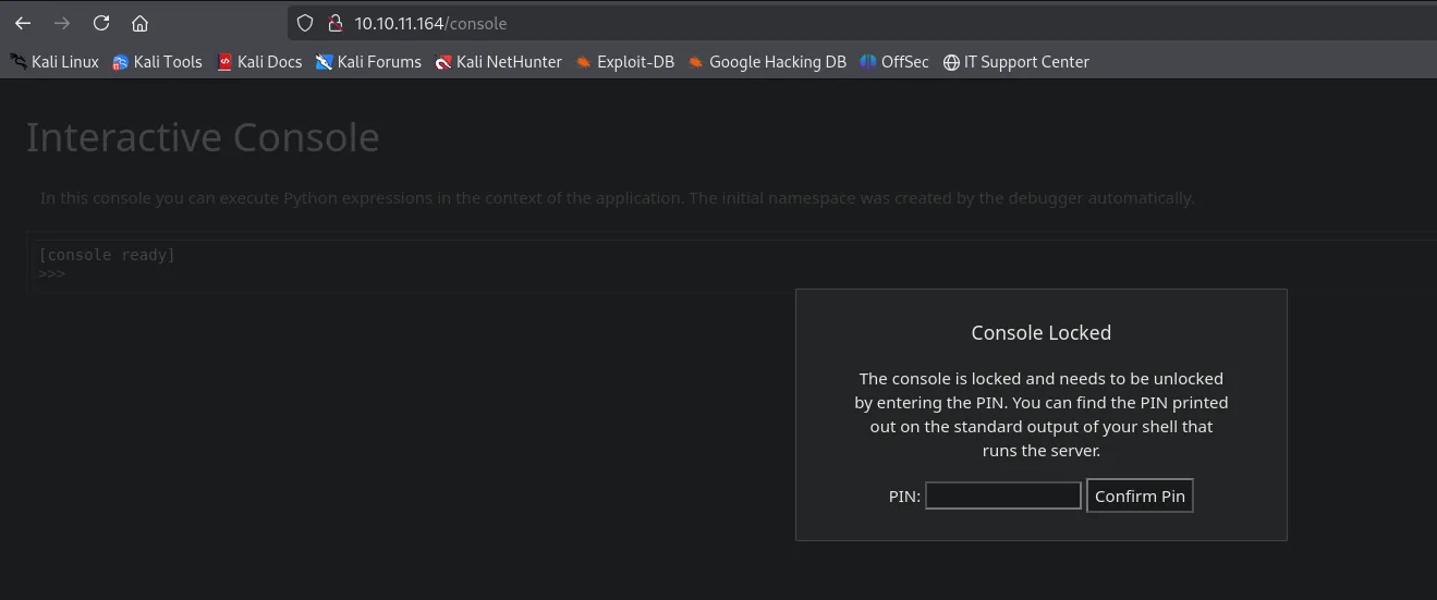 La consola interactiva de Werkzeug en /console con el diálogo Console Locked pidiendo el PIN
