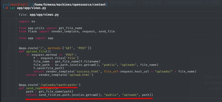 views.py: la ruta /uploads/<path:path> pasa el parámetro por get_file_name y os.path.join antes de send_file