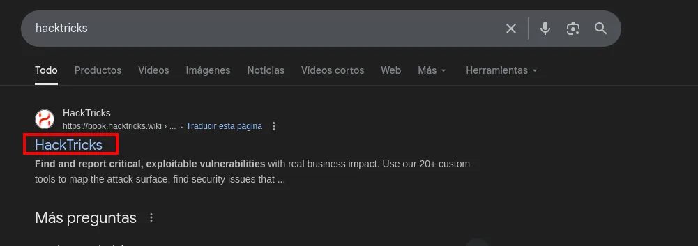 Búsqueda de HackTricks, la wiki de metodología de pentesting