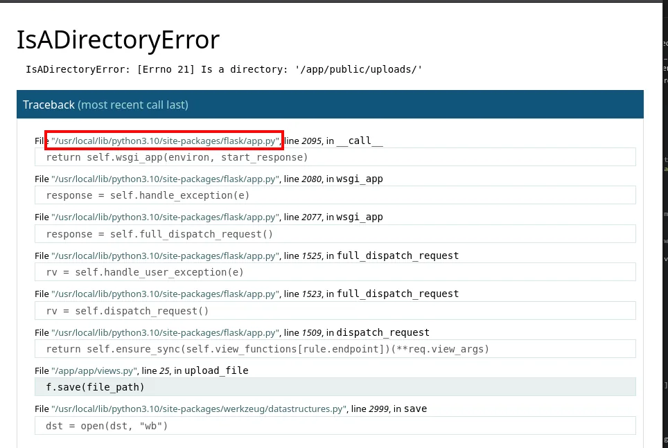 Traceback de IsADirectoryError en el debugger: la primera línea apunta a /usr/local/lib/python3.10/site-packages/flask/app.py