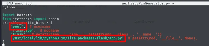 werkzeugPinGenerator.py con los probably_public_bits rellenos: root como usuario y la ruta /usr/local/lib/python3.10/site-packages/flask/app.py resaltadas