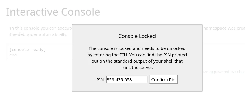 El diálogo Console Locked con el PIN 359-435-058 introducido y el botón Confirm Pin