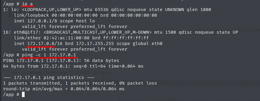 ip a muestra eth0 con 172.17.0.8/16 y MAC 02:42:ac:11:00:08; el ping a 172.17.0.1 responde con ttl=64