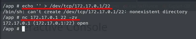 El intento con /dev/tcp falla con nonexistent directory, mientras que nc 172.17.0.1 22 -zv devuelve open