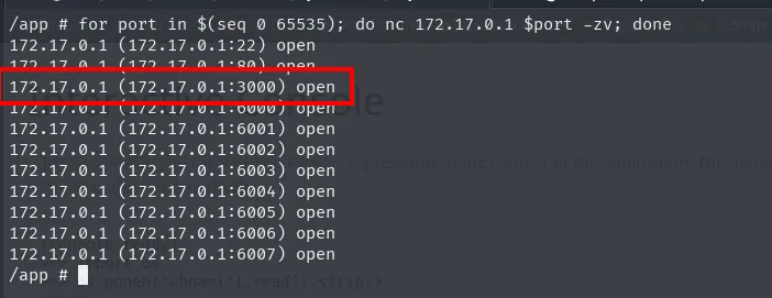 el barrido con nc contra 172.17.0.1 devuelve abiertos el 22, el 80, el 3000 y una serie 6000-6007