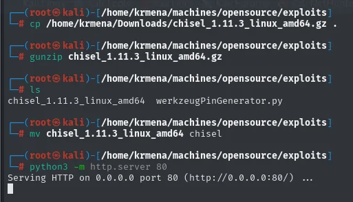 cp, gunzip y mv del binario de chisel, y el http.server sirviendo el directorio en el puerto 80