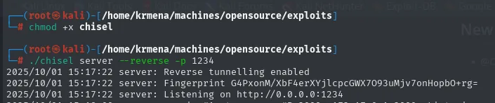 chmod +x chisel y ./chisel server --reverse -p 1234 en el atacante: Reverse tunnelling enabled y Listening on http://0.0.0.0:1234